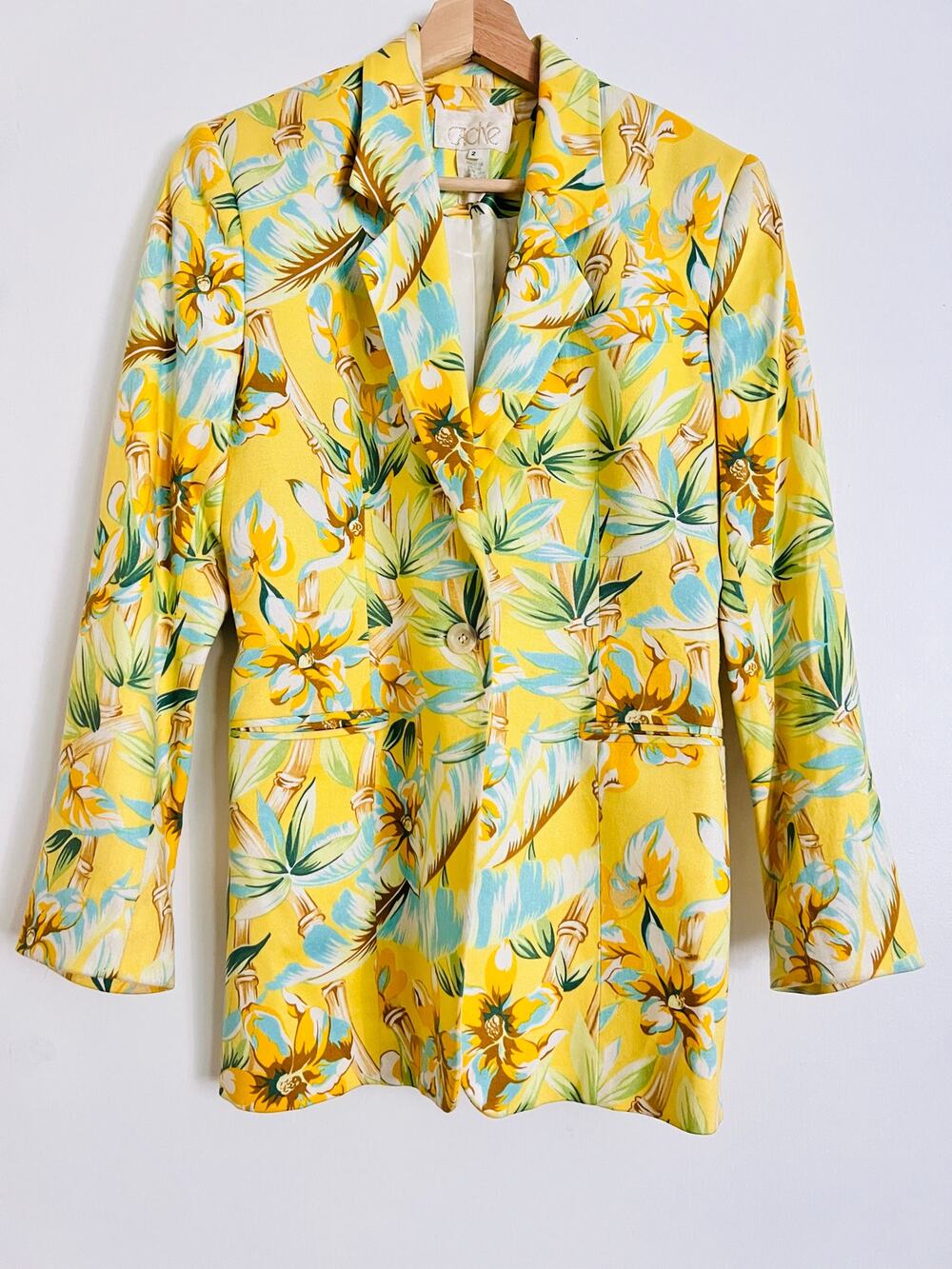 Vintage Cache Hawaiian Floral Single Button Blazer Jacket 2 Yellow Tropical